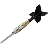 Target Japan Black Marque Warrior Swiss Point Steel Tip Darts close up image highlighting the barrel grip texture, coating, machining, and design details