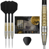 Target Japan Black Marque Warrior Swiss Point Steel Tip Darts main product image showing the darts, packaging, flights, shafts, and included accessories