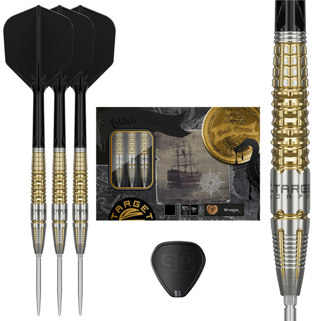 Target Japan Black Marque Warrior Swiss Point Steel Tip Darts main product image showing the darts, packaging, flights, shafts, and included accessories