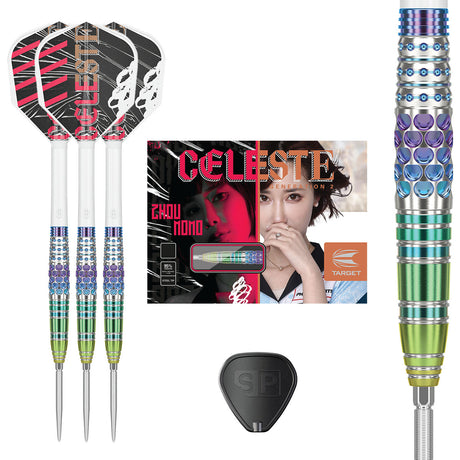 Celeste G2 Swiss Point Steel Tip Darts main product image showing the darts, packaging, flights, shafts, and included accessories