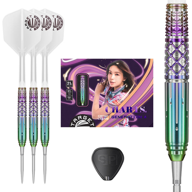 Charis G4 Swiss Point Steel Tip Darts main product image showing the darts, packaging, flights, shafts, and included accessories