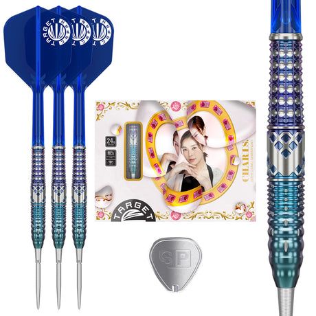 Target Japan Charis G5 Swiss Point Steel Tip Darts main product image showing the darts, packaging, flights, shafts, and included accessories