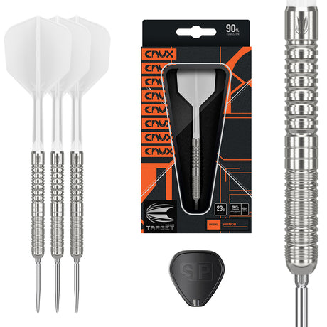 Crux JPN Honor Swiss Point Steel Tip Darts main product image showing the darts, packaging, flights, shafts, and included accessories