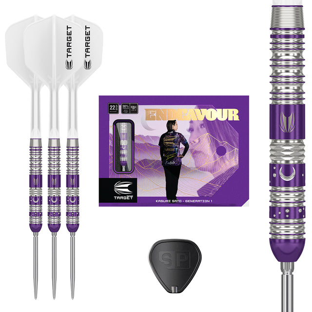 Endeavour G1 Swiss Point Steel Tip Darts main product image showing the darts, packaging, flights, shafts, and included accessories