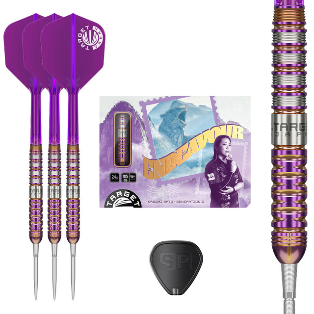 Target Japan Endeavour G2 Swiss Point Steel Tip Darts main product image showing the darts, packaging, flights, shafts, and included accessories