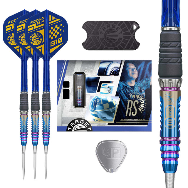 Target Japan Haruki Muramatsu Rising Sun G10 Swiss Point Steel Tip Darts main product image showing the darts, packaging, flights, shafts, and included accessories