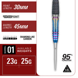 Target Japan Haruki Muramatsu Rising Sun G10 Swiss Point Steel Tip Darts specifications image showing barrel dimensions, weight, and technical details