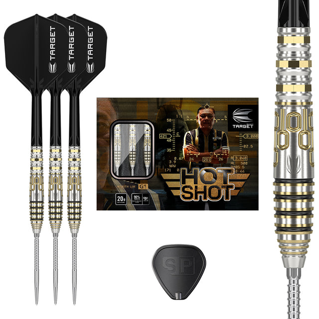 Hot Shot G1 Swiss Point Steel Tip Darts main product image showing the darts, packaging, flights, shafts, and included accessories
