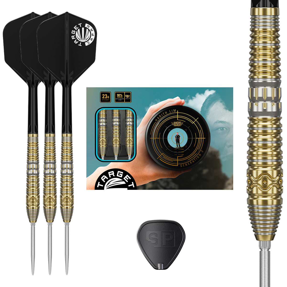 Hot Shot G2 Steel Tip Darts main product image showing the darts, packaging, flights, shafts, and included accessories