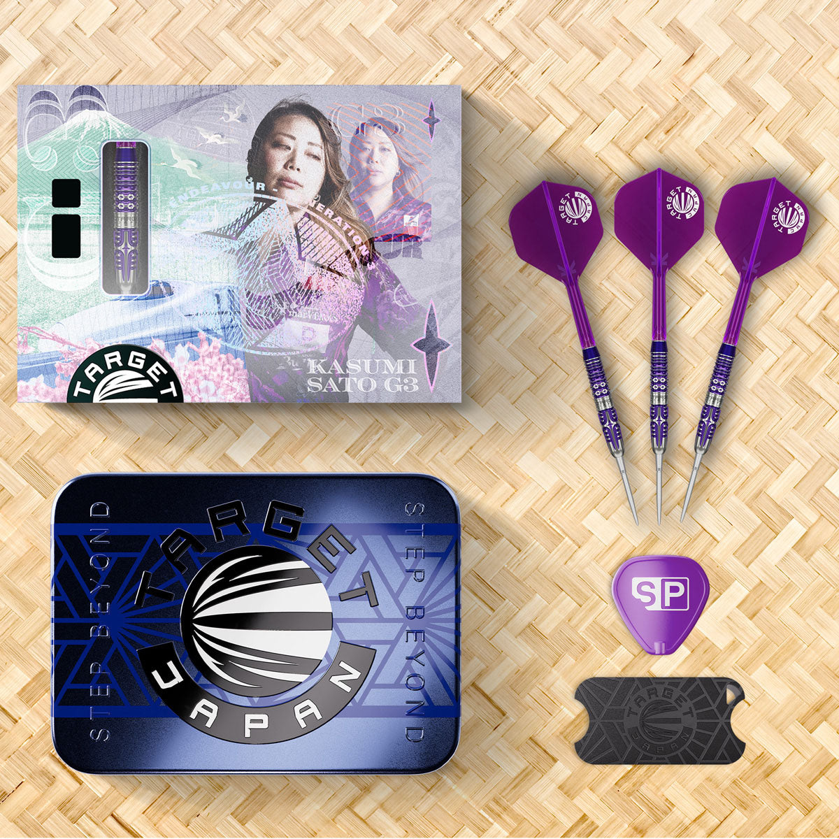 Target Japan Kasumi Sato Endeavour G3 Swiss Point Steel Tip Darts lifestyle image showing a premium darts setup and playing environment