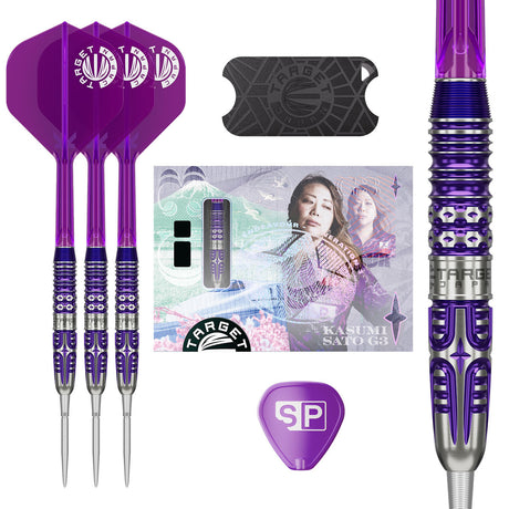Target Japan Kasumi Sato Endeavour G3 Swiss Point Steel Tip Darts main product image showing the darts, packaging, flights, shafts, and included accessories