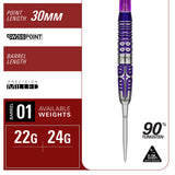 Target Japan Kasumi Sato Endeavour G3 Swiss Point Steel Tip Darts specifications image showing barrel dimensions, weight, and technical details