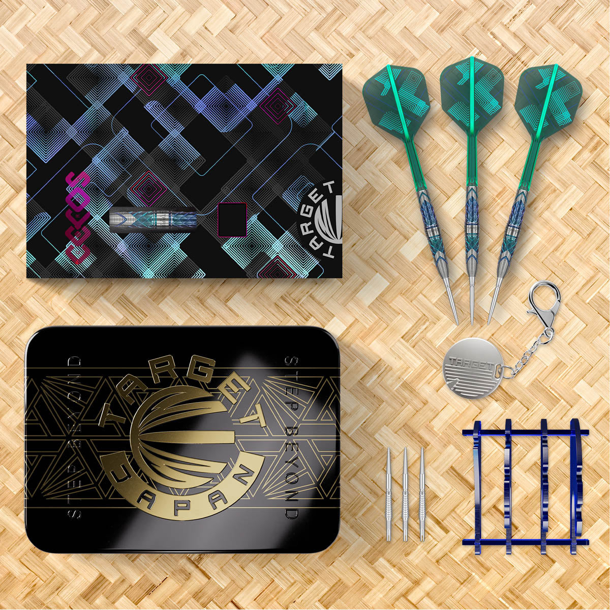 Target Japan Kaze Series Ceros 01 Swiss Point Steel Tip Darts lifestyle image showing a premium darts setup and playing environment