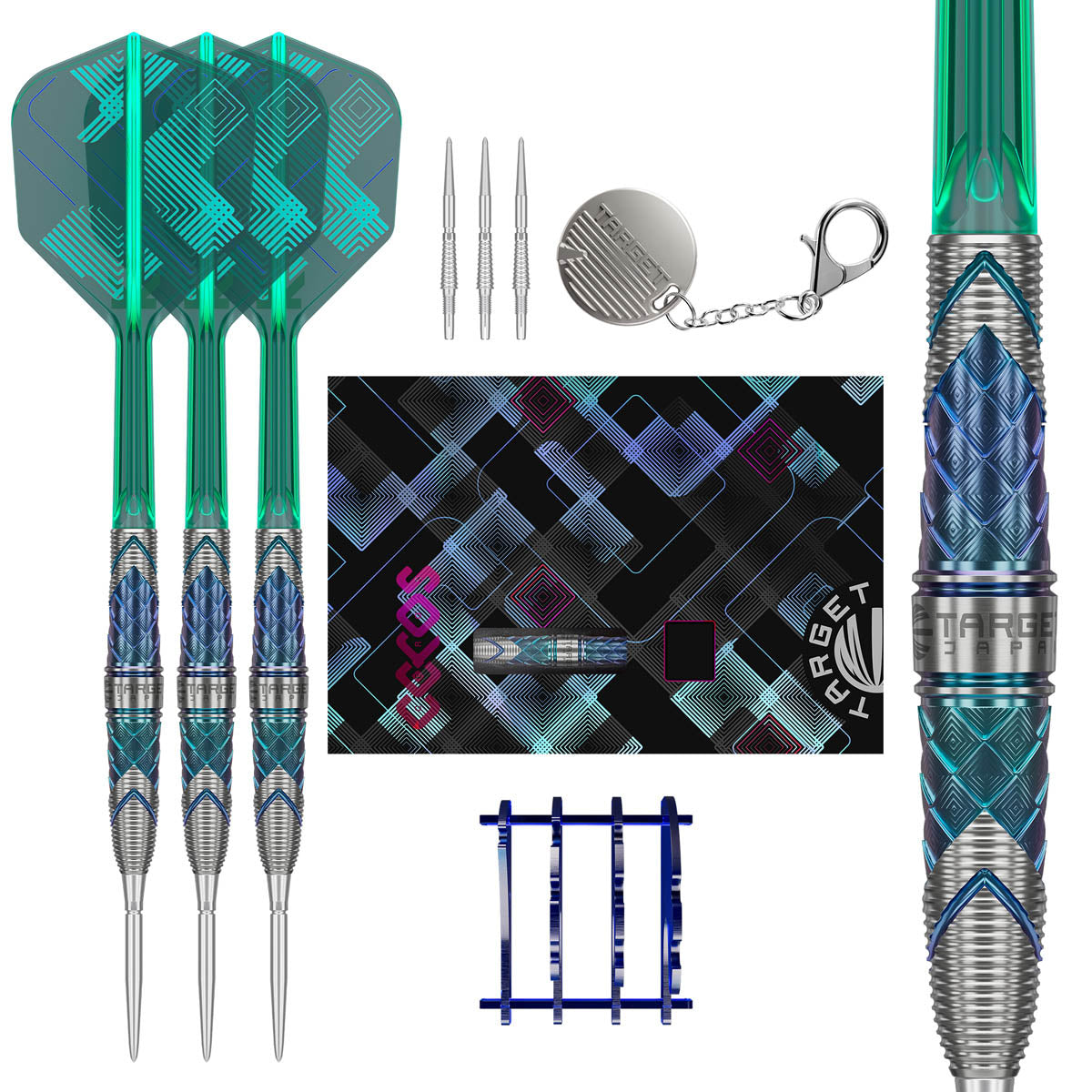 Target Japan Kaze Series Ceros 01 Swiss Point Steel Tip Darts main product image showing the darts, packaging, flights, shafts, and included accessories