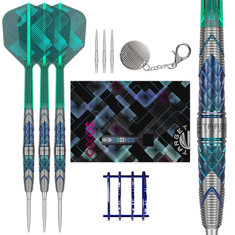 Target Japan Kaze Series Ceros 02 Swiss Point Steel Tip Darts main product image showing the darts, packaging, flights, shafts, and included accessories