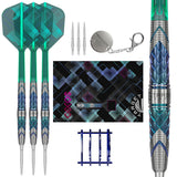 Target Japan Kaze Series Ceros 02 Swiss Point Steel Tip Darts main product image showing the darts, packaging, flights, shafts, and included accessories
