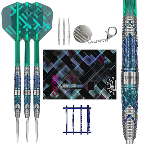 Target Japan Kaze Series Ceros 02 Swiss Point Steel Tip Darts main product image showing the darts, packaging, flights, shafts, and included accessories
