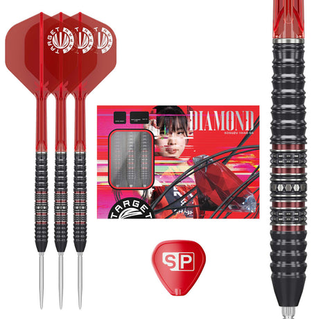 Target Japan Kosuzu Iwao Diamond G4 Swiss Point Steel Tip Darts main product image showing the darts, packaging, flights, shafts, and included accessories
