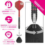 Target Japan Kosuzu Iwao Diamond G4 Swiss Point Steel Tip Darts Swiss Point demonstration image showing the interchangeable point system in use