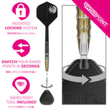 Target Japan Mikuru Suzuki The Miracle G7.5 Swiss Point Steel Tip Darts Swiss Point demonstration image showing the interchangeable point system in use