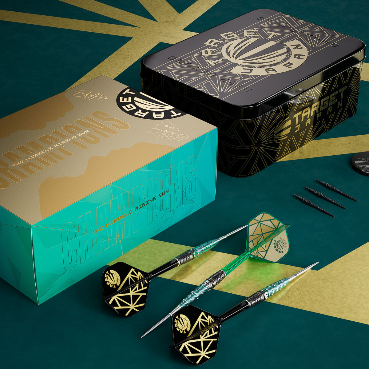 Lifestyle image of the Miracle Rising Sun Champions Set Darts in a premium darts setup