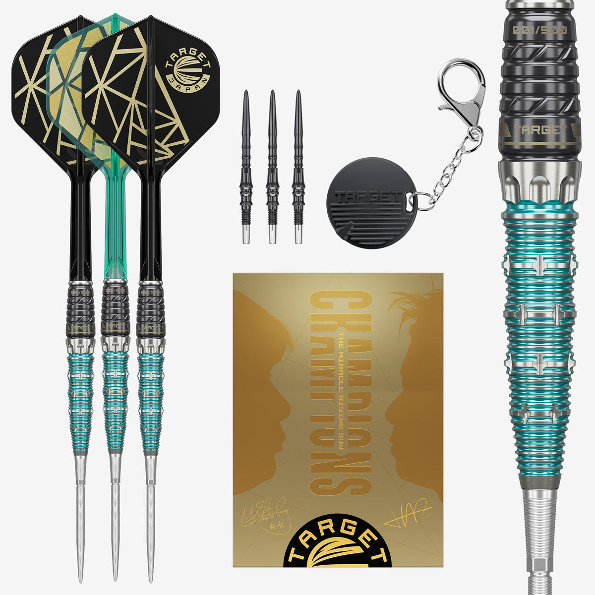 Image of the Miracle Rising Sun Champions Set Darts displayed for retail sale with product packaging