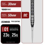 Barrel specifications highlighting the grip profile, dimensions and machining of the Target Japan Mitsumasa Hoshino Pyro G12 Swiss Point 90% Tungsten Steel Tip Darts