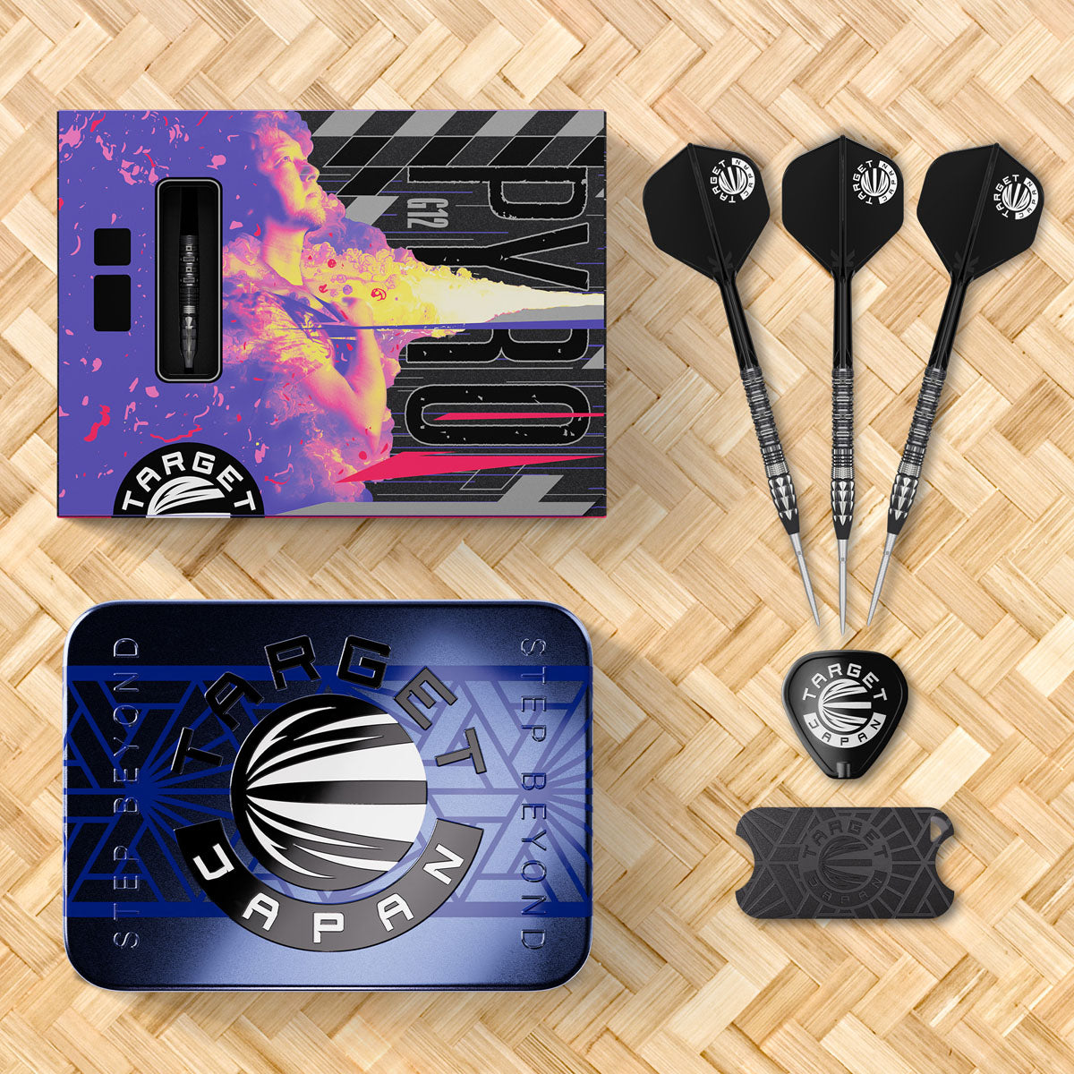 Lifestyle image of the Target Japan Mitsumasa Hoshino Pyro G12 Swiss Point 90% Tungsten Steel Tip Darts in a premium darts setup