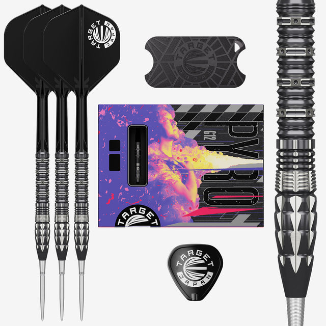 Image of the Target Japan Mitsumasa Hoshino Pyro G12 Swiss Point 90% Tungsten Steel Tip Darts displayed for retail sale with product packaging
