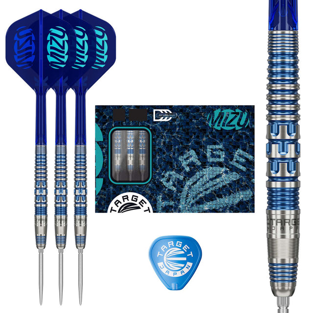 Target Japan Mizu 01 Swiss Point Steel Tip Darts main product image showing the darts, packaging, flights, shafts, and included accessories