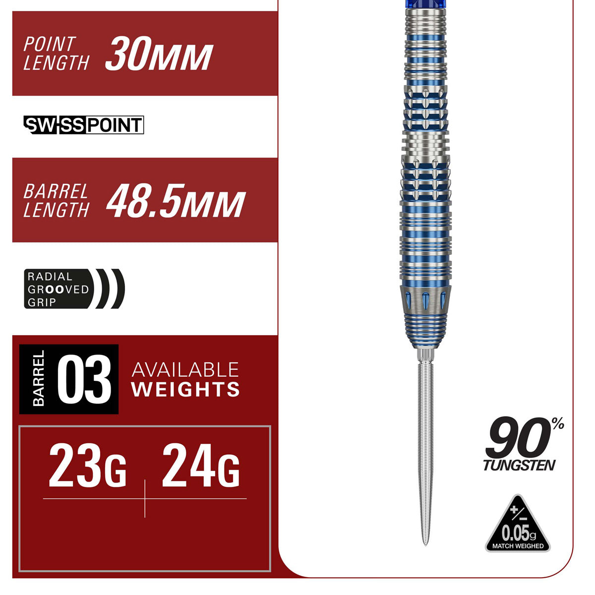 Target Japan Mizu 03 Swiss Point Steel Tip Darts specifications image showing barrel dimensions, weight, and technical details