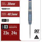 Target Japan Mizu 03 Swiss Point Steel Tip Darts specifications image showing barrel dimensions, weight, and technical details