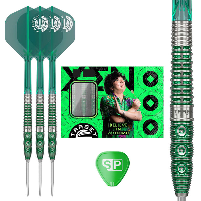 Target Japan Motomu Sakai Xeno G1 Swiss Point Steel Tip Darts main product image showing the darts, packaging, flights, shafts, and included accessories