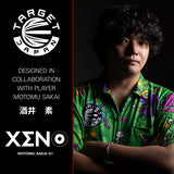 Motomu Sakai player branding image featuring the Xeno G1 darts collection