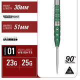 Target Japan Motomu Sakai Xeno G1 Swiss Point Steel Tip Darts specifications image showing barrel dimensions, weight, and technical details