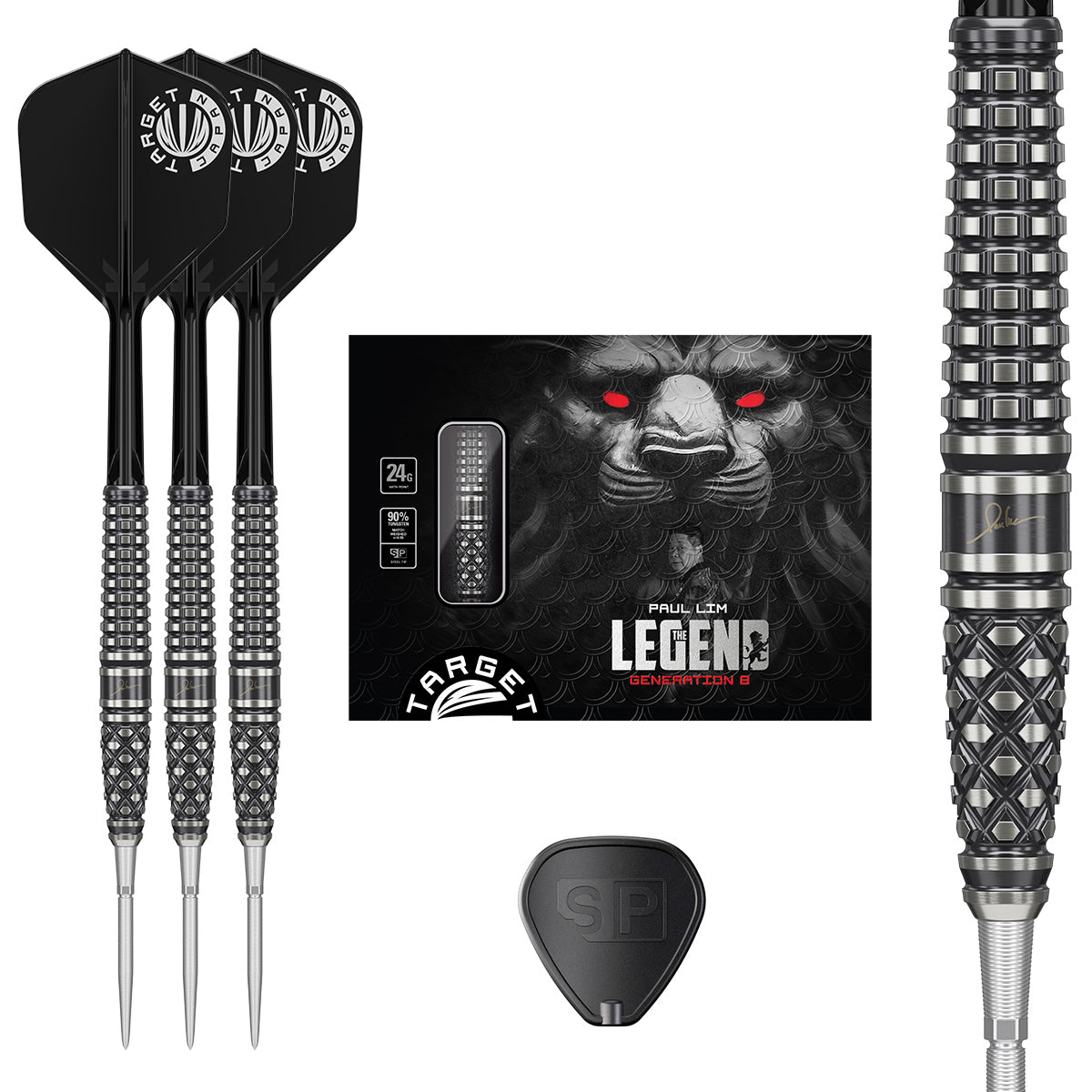 Paul Lim The Legend Gen 8 Swiss Point Steel Tip Darts main product image showing the darts, packaging, flights, shafts, and included accessories