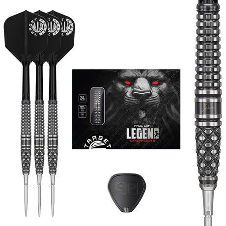 Paul Lim The Legend Gen 8 Swiss Point Steel Tip Darts main product image showing the darts, packaging, flights, shafts, and included accessories