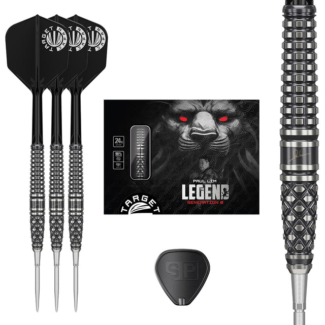 Paul Lim The Legend Gen 8 Swiss Point Steel Tip Darts main product image showing the darts, packaging, flights, shafts, and included accessories