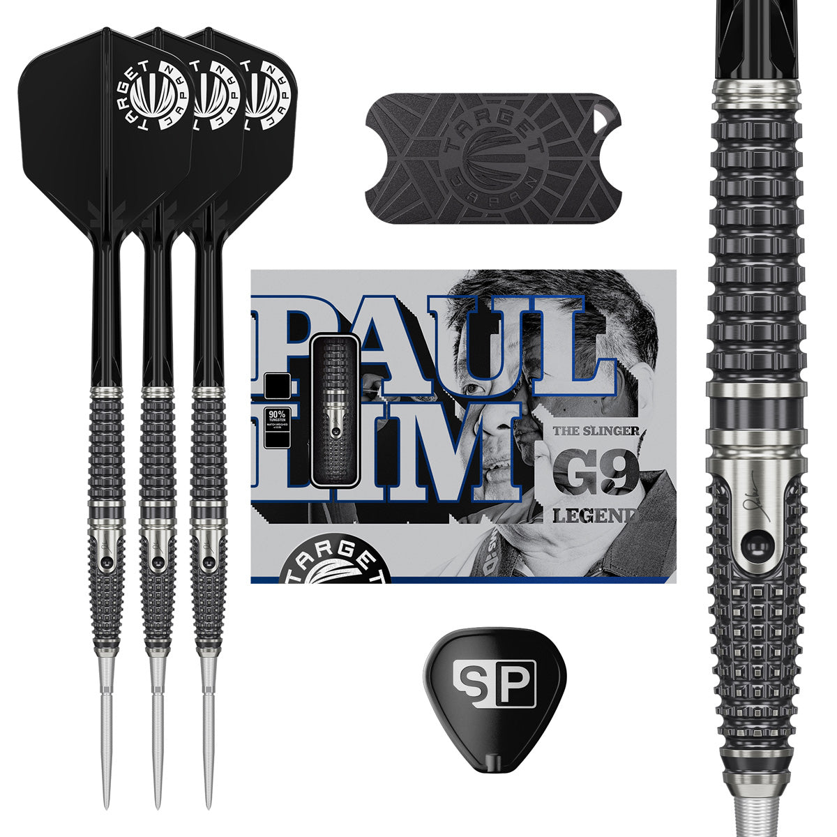 Target Japan Paul Lim The Legend Gen 9 Swiss Point Steel Tip Darts main product image showing the darts, packaging, flights, shafts, and included accessories