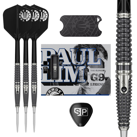 Target Japan Paul Lim The Legend Gen 9 Swiss Point Steel Tip Darts main product image showing the darts, packaging, flights, shafts, and included accessories
