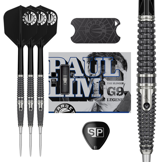Target Japan Paul Lim The Legend Gen 9 Swiss Point Steel Tip Darts main product image showing the darts, packaging, flights, shafts, and included accessories