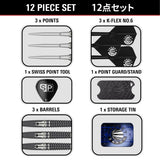 Target Japan Paul Lim The Legend Gen 9 Swiss Point Steel Tip Darts image displaying everything included inside the box