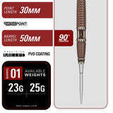 Barrel specifications highlighting the grip profile, dimensions and machining of the Target Japan Paul Lim The Legend Swiss Point 90% Tungsten Steel Tip Darts