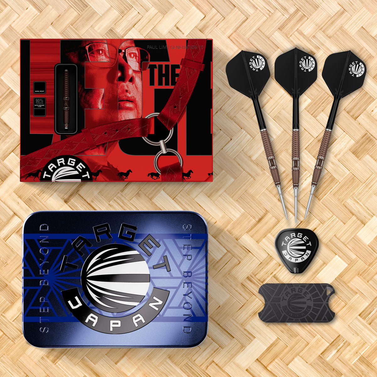 Lifestyle image of the Target Japan Paul Lim The Legend Swiss Point 90% Tungsten Steel Tip Darts in a premium darts setup