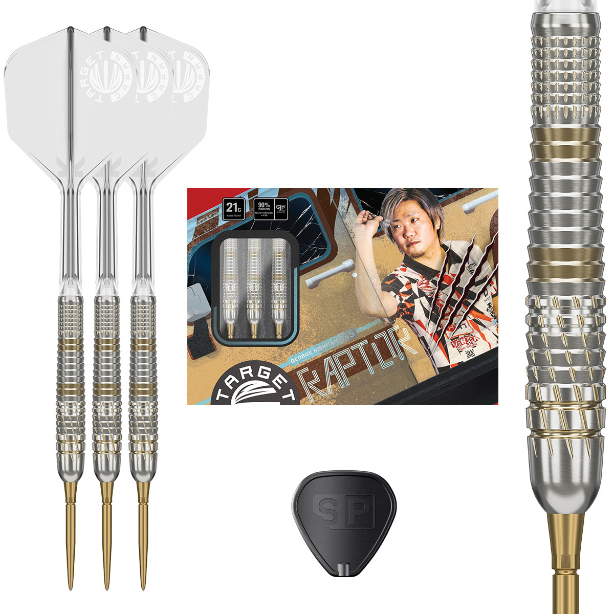 Prime Series Raptor G5 Swiss Point Steel Tip Darts main product image showing the darts, packaging, flights, shafts, and included accessories