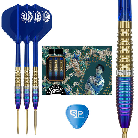 Target Japan Prime Series Zenith G2 Swiss Point Steel Tip Darts main product image showing the darts, packaging, flights, shafts, and included accessories