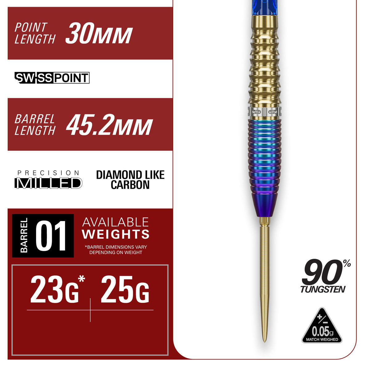 Target Japan Prime Series Zenith G2 Swiss Point Steel Tip Darts specifications image showing barrel dimensions, weight, and technical details