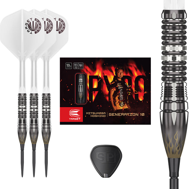 Pyro G10 Swiss Point Steel Tip Darts main product image showing the darts, packaging, flights, shafts, and included accessories