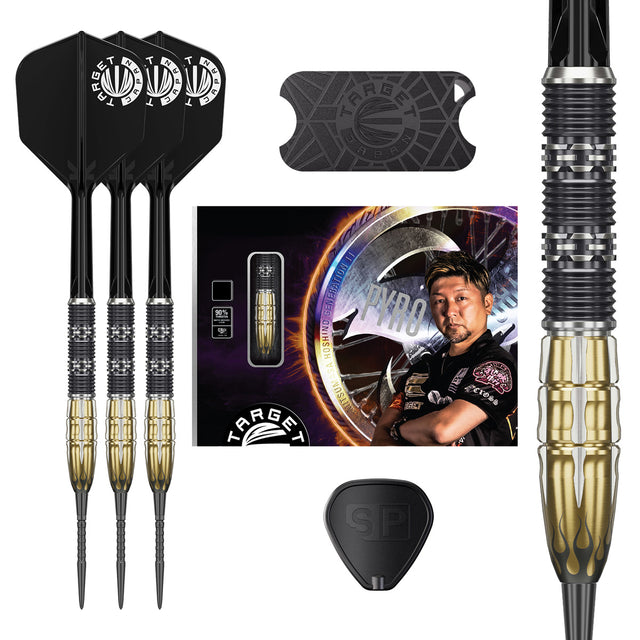 Target Japan Pyro G11 Swiss Point Steel Tip Darts main product image showing the darts, packaging, flights, shafts, and included accessories