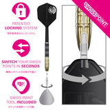 Target Japan Pyro G11 Swiss Point Steel Tip Darts Swiss Point demonstration image showing the interchangeable point system in use